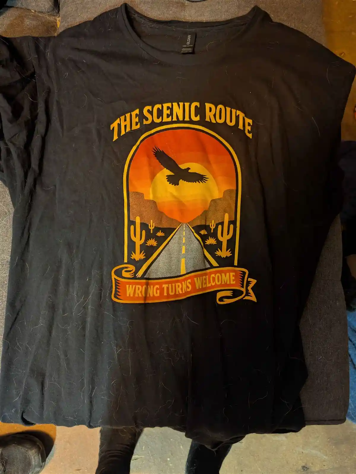 The Scenic Route — Wrong Turns Welcome screen print on black tee